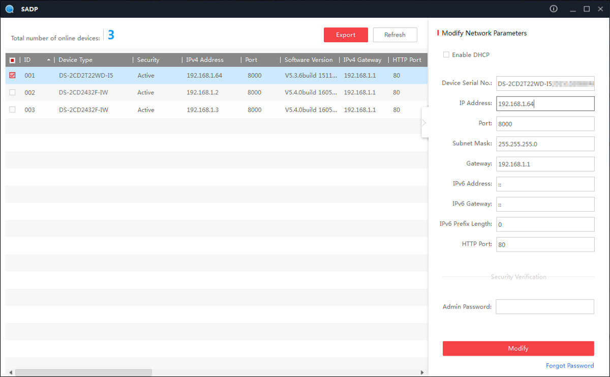 Zaznaczenie urządzenia w SADP